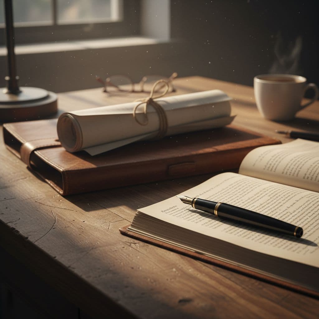 A dark polished wooden desk holds a neat stack of formal legal paperwork positioned beside an elegant fountain pen. Soft ambient light illuminates the texture of the pages and ink.