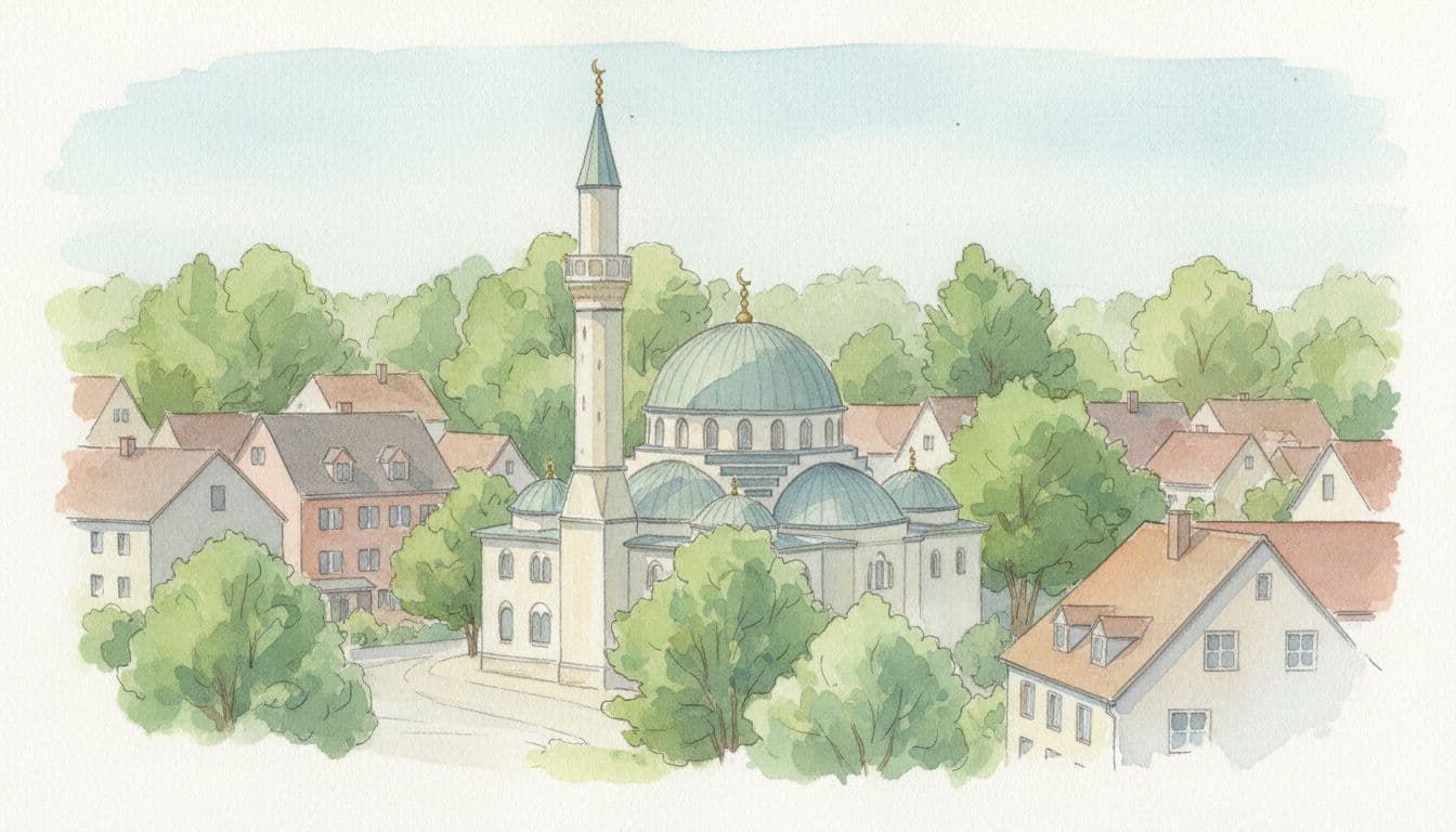 Watercolor wide-angle view of a traditional mosque in Memmingen surrounded by green trees and quiet homes in daylight.