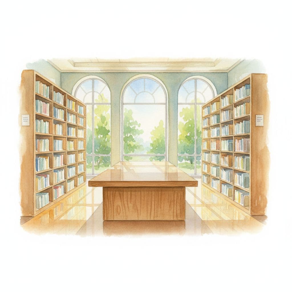 Modern university library with high shelves, central wooden table, and large background windows in watercolor style.