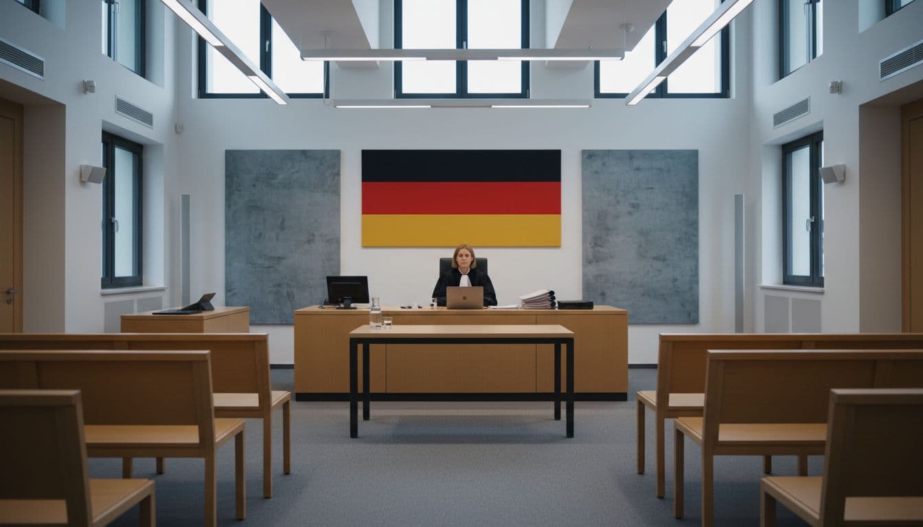 Moderner deutscher Familiengerichtssaal mit Richterin am Pult, leeren Parteibänken und Flagge im Hintergrund.