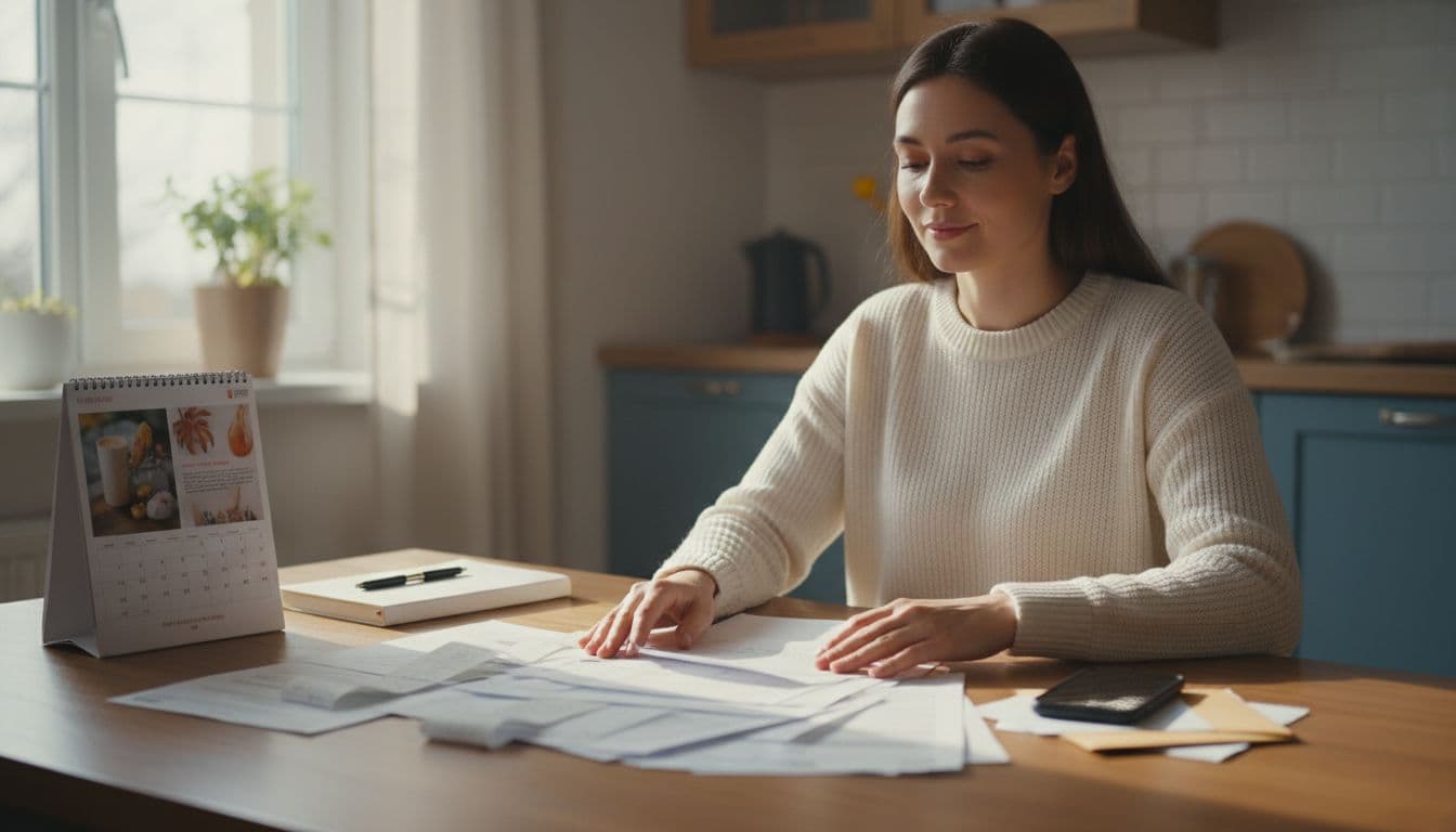 Mother sits at kitchen table with calendar, notebook, smartphone, and documents; hands rest on papers.