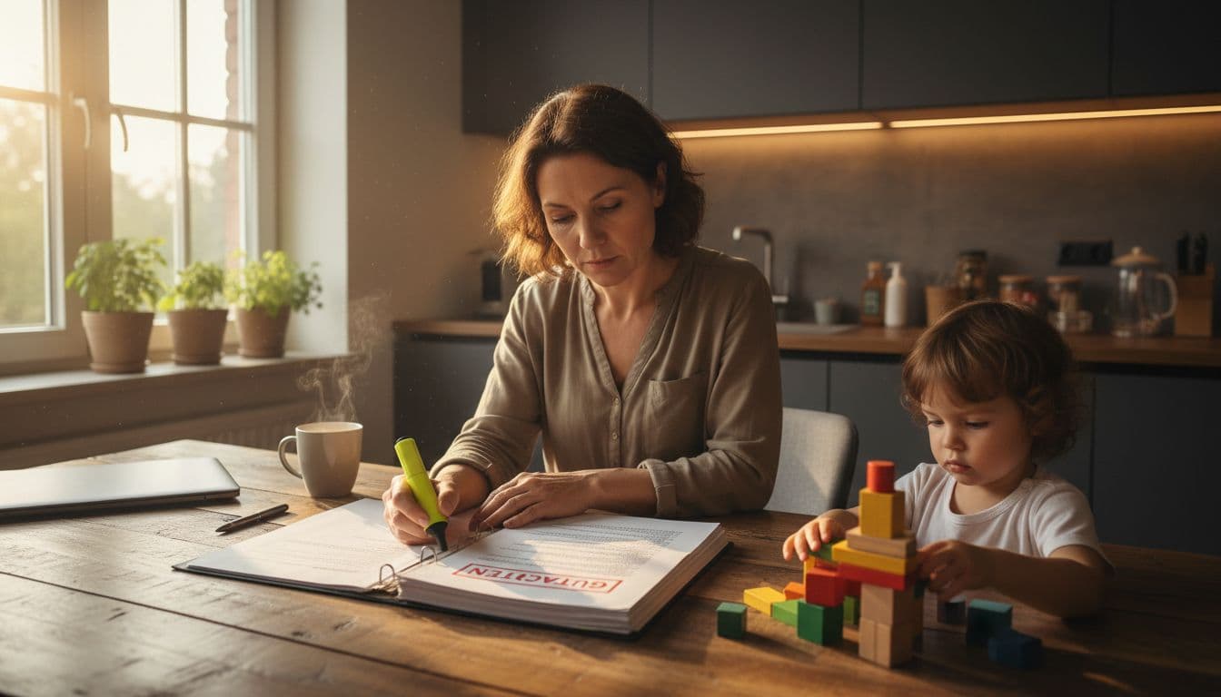 Mutter mittleren Alters markiert dickes gestempeltes Dokument mit gelbem Marker am Küchentisch, Kind spielt daneben.