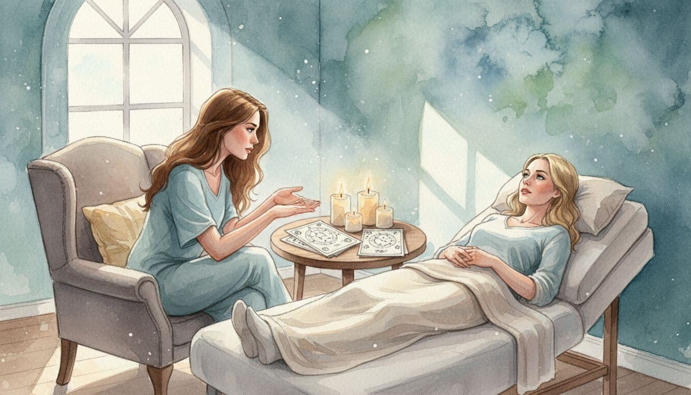 Seated naturopath reviews zodiac charts with patient on couch, candles on table, natural window light.
