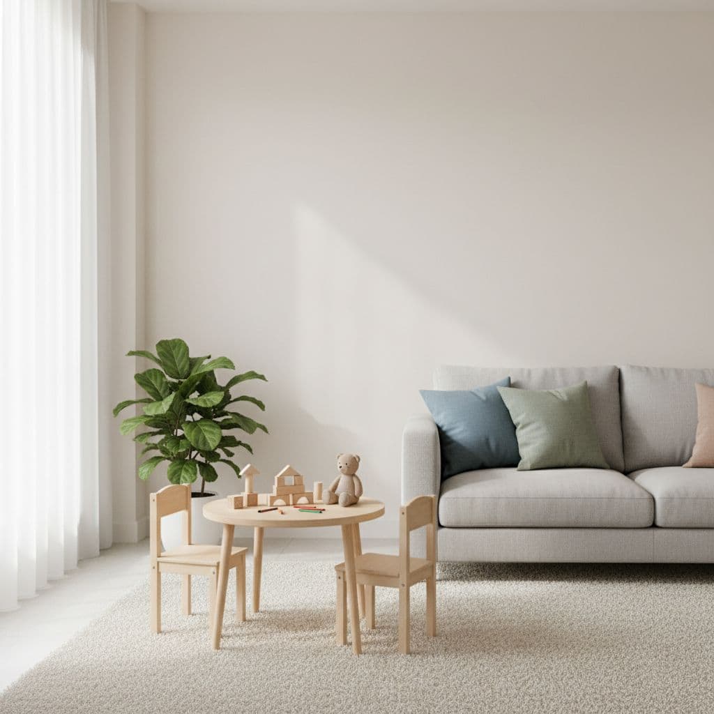 Ein helles, ruhiges Zimmer mit Sofa, Tisch, zwei Stühlen und Spielzeug in einer freundlichen Atmosphäre.