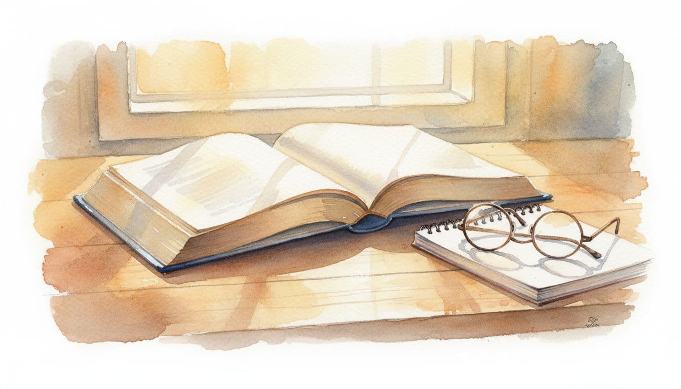 Open book on desk next to glasses and notepad in watercolor style with soft edges and warm light.