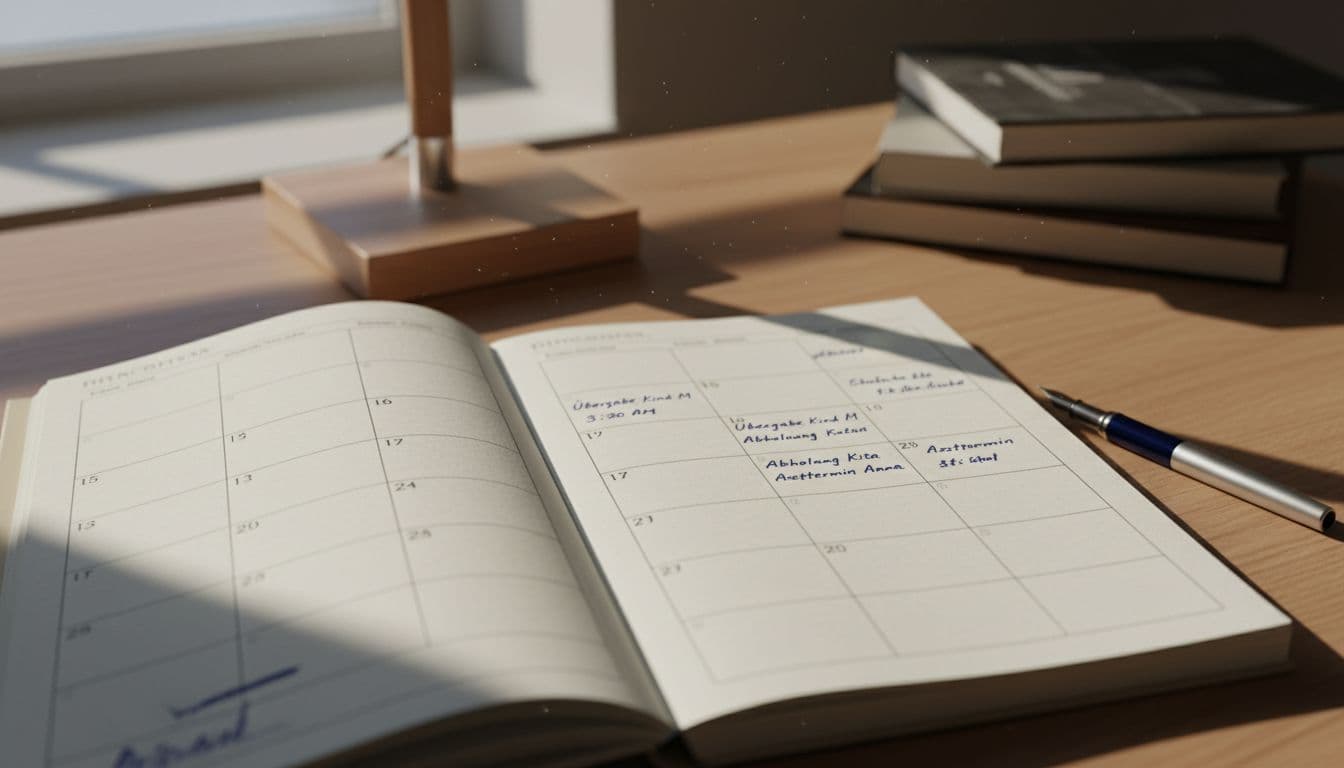 Top-down view of an open calendar on a desk with handwritten notes on appointments, times, and handovers, accompanied by a single pen, in a cinematic style with dramatic lighting and neutral background.