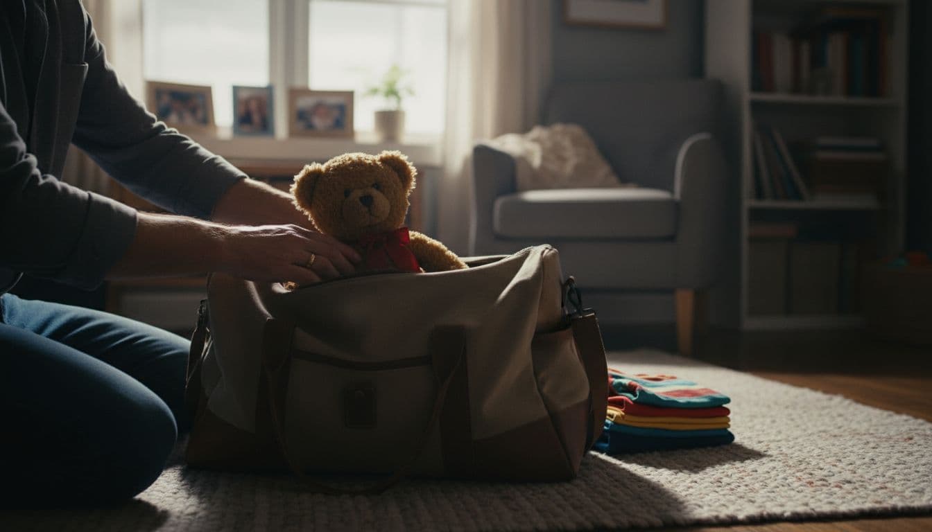 A parent's and child's hands pack a bag with a favorite teddy bear in a neutral living room setting, focusing on the emotional transition ritual. Cinematic style with dramatic lighting, strong contrast, and depth, no faces or additional objects visible.