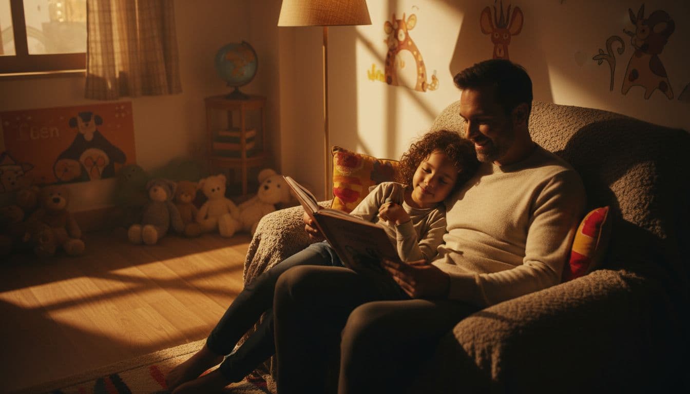A parent reads from a book to a single relaxed child in a cozy children's room with warm light and cinematic style featuring strong contrast, depth, and dramatic lighting.