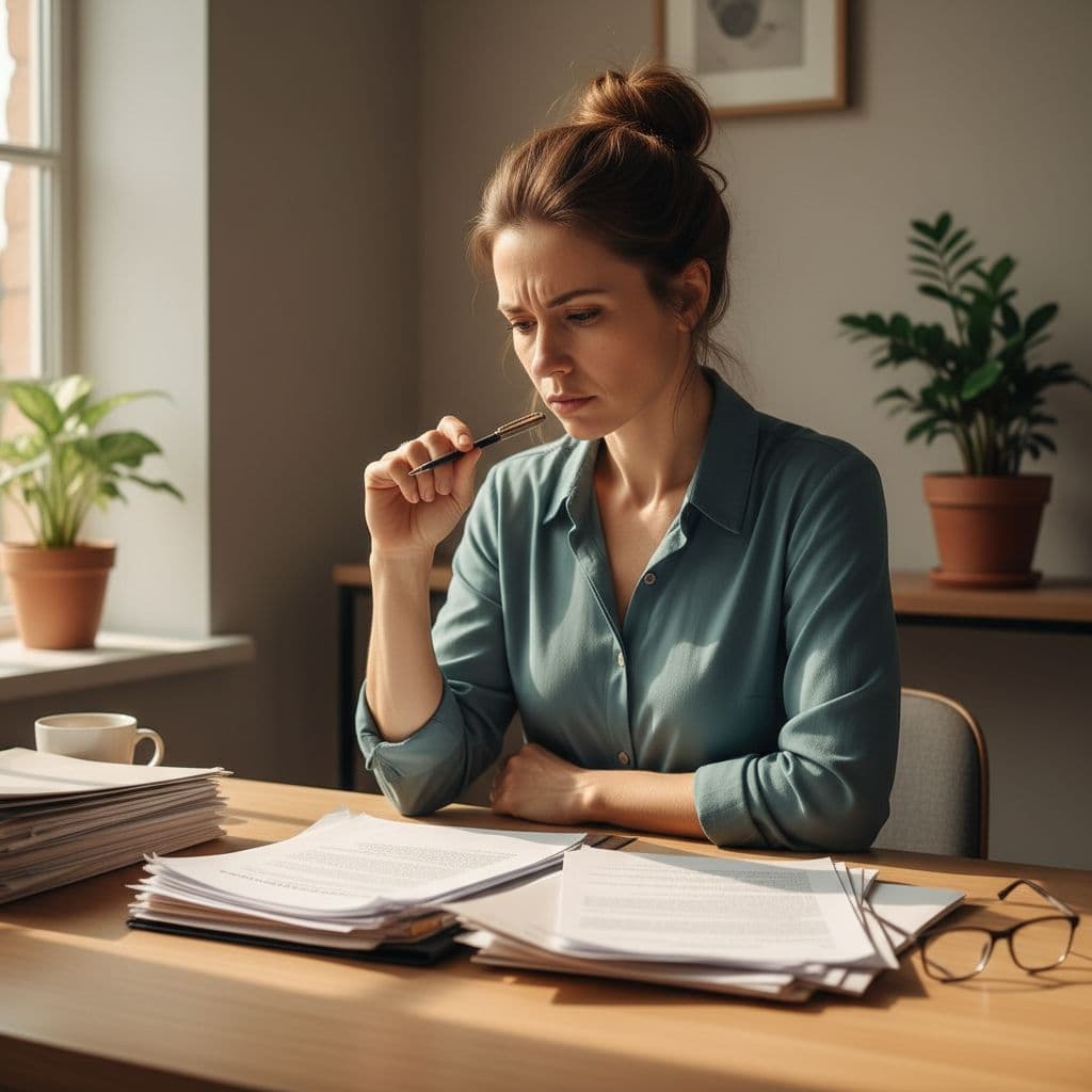 A focused parent sits at a wooden desk reviewing a stack of legal papers in a sunlit office.