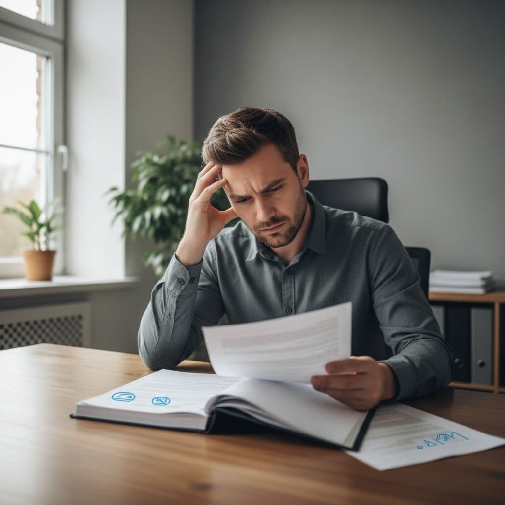 A concerned parent sits at a desk while carefully reviewing an official report in a bright office.