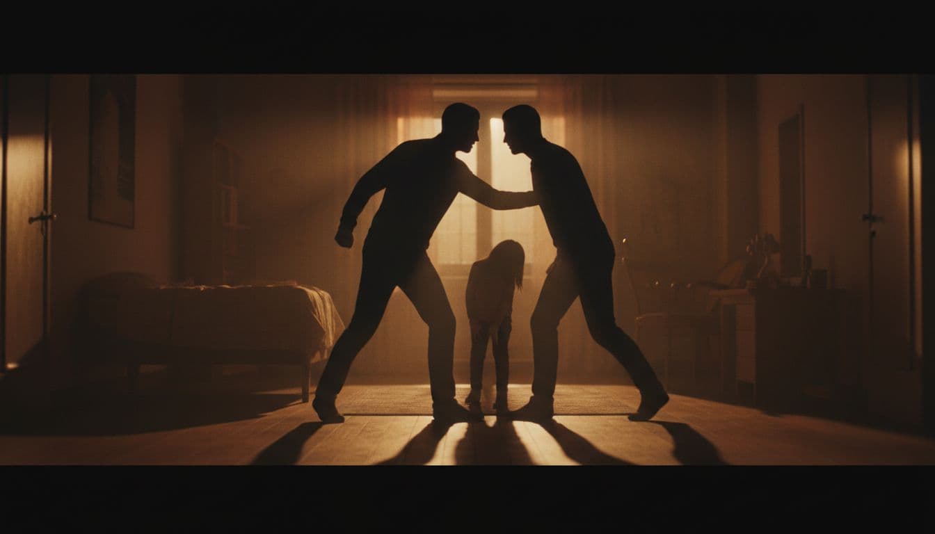 Abstract silhouettes of two adults in conflict, with a child silhouette watching from the background in a dark room featuring dramatic shadows and cinematic side lighting with strong contrast.