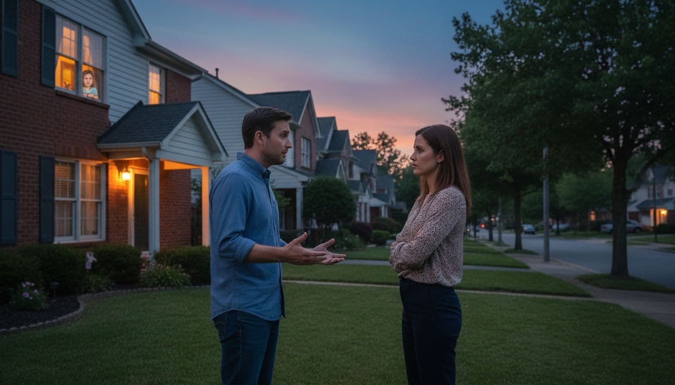 Two parents argue heatedly in front of a suburban house at dusk, child peers from background window.