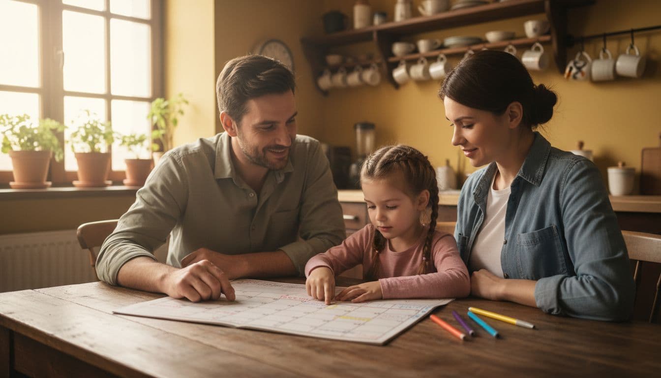 Two parents and their 6-year-old child sit at a kitchen table discussing a custody schedule calendar.
