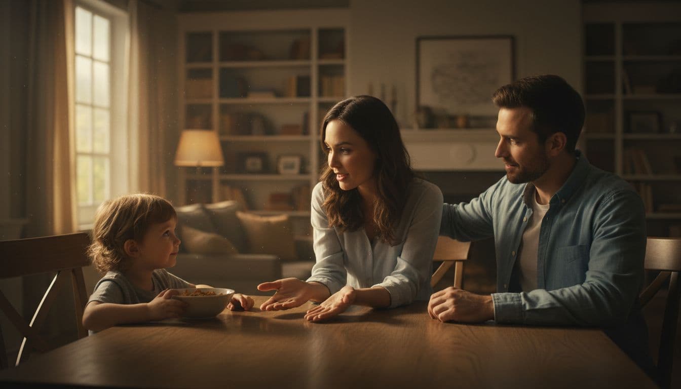 A young child sits at the dining table with two parents in a warm living room, as the parents speak gently with hands resting on the table, captured in cinematic style with dramatic window lighting.