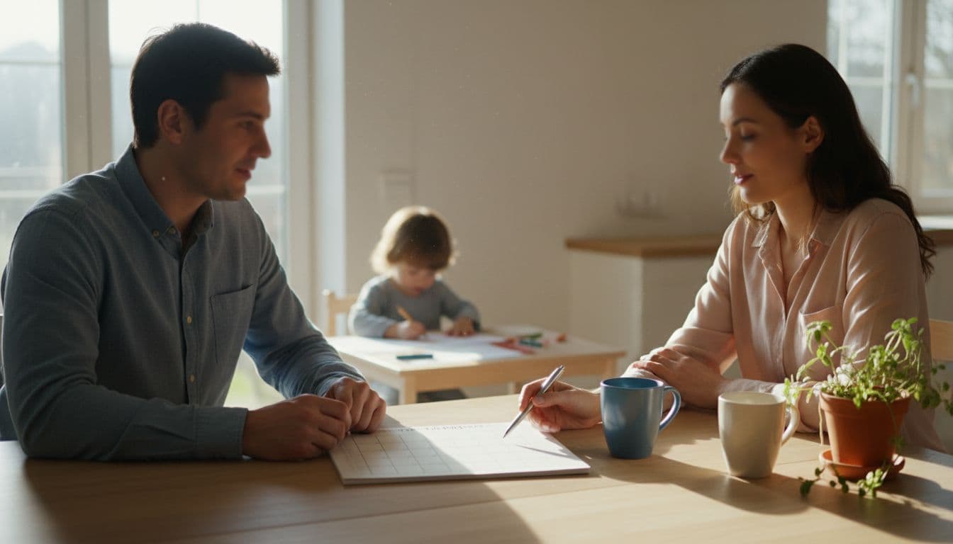 Two parents sit at kitchen table with open calendar, pen, and coffee mugs; blurred child draws in background.