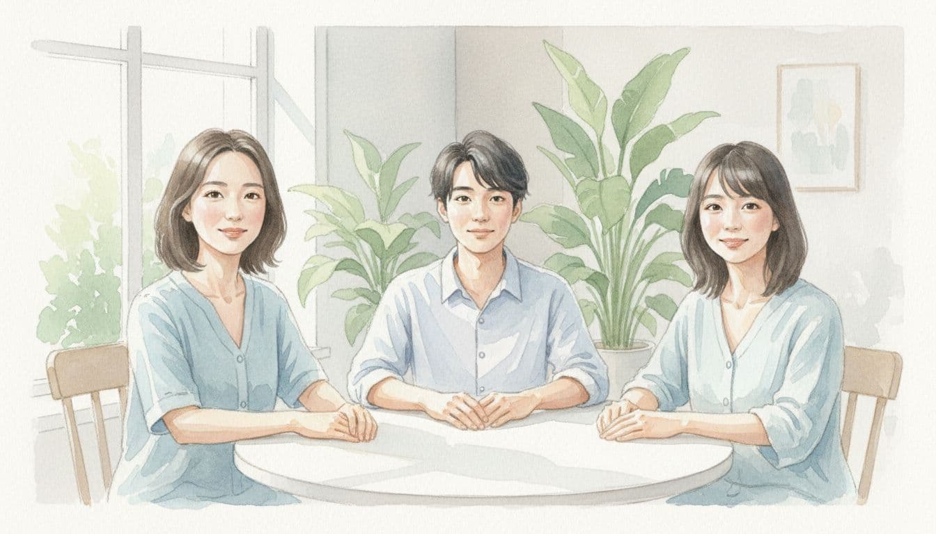 Three people sit at a round table discussing peacefully with open gestures and hands on the table.