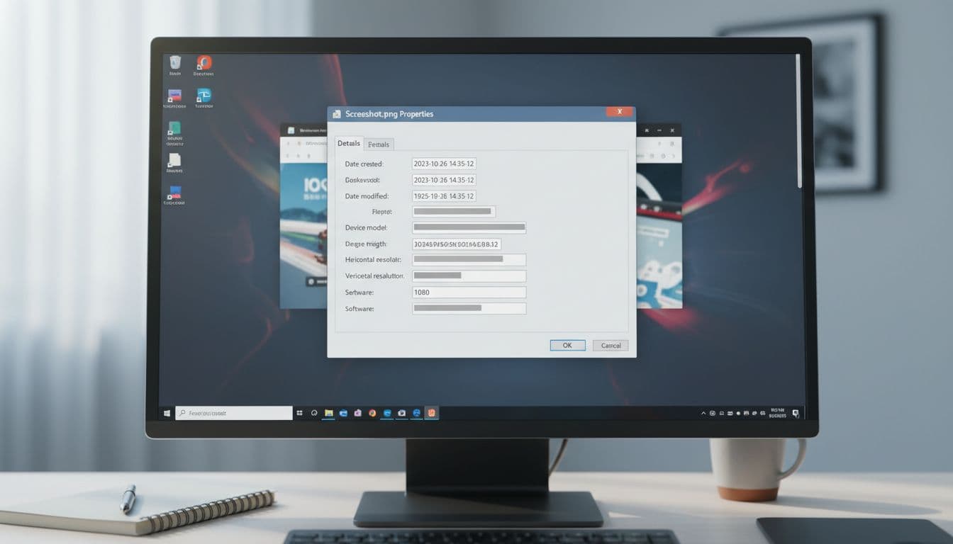 Computer screen shows properties window for PNG screenshot with blurred metadata fields on office desk with notebook.