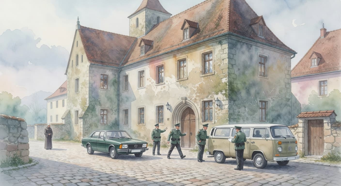 A watercolor painting displays a stone monastery with muted earth tones and soft textures. Officials approach the entrance while a single figure stands quietly in the distant, shadowed background.