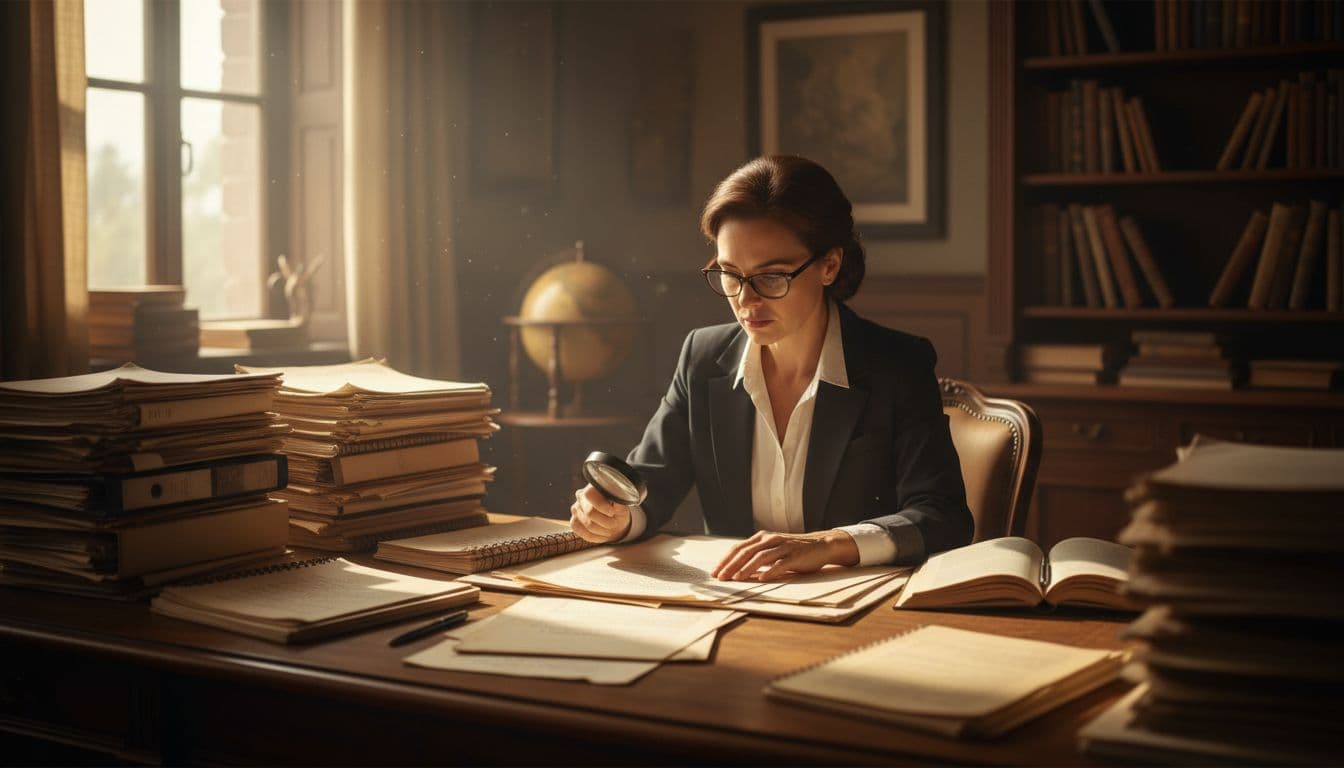 A professional at a cluttered desk surrounded by file stacks and reports, intently examining documents using a magnifying glass in a daylight office with dramatic cinematic lighting and warm tones.