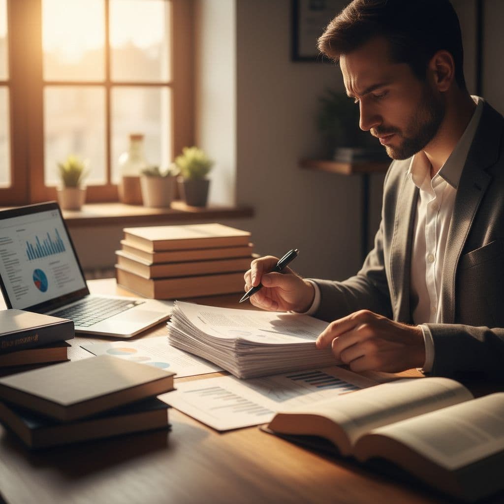 A focused professional sits at a clean desk holding a pen, carefully reviewing thick paperwork. Warm side lighting creates a high-contrast atmosphere in the modern, quiet office workspace environment.