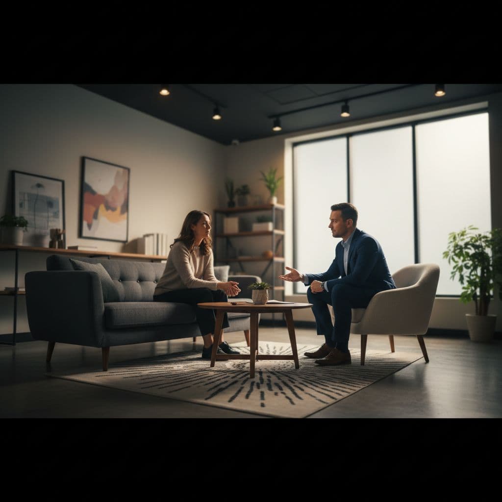 A focused expert listens to a client during a private session in a modern office with warm ambient lighting. Soft textures and neutral colors create an atmosphere of calm professional support.