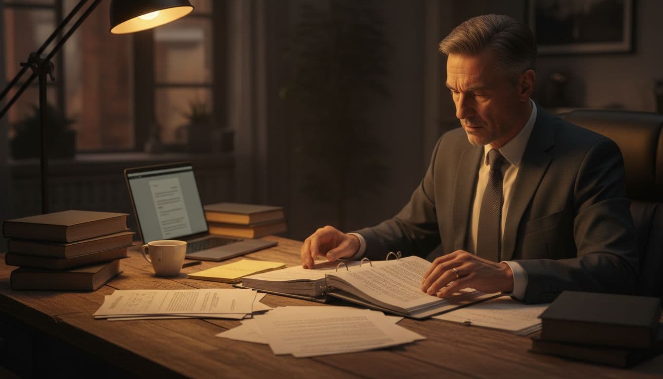 A middle-aged man in a suit sits at a cluttered desk in an evening office, deeply focused on examining an open psychological expert opinion binder.