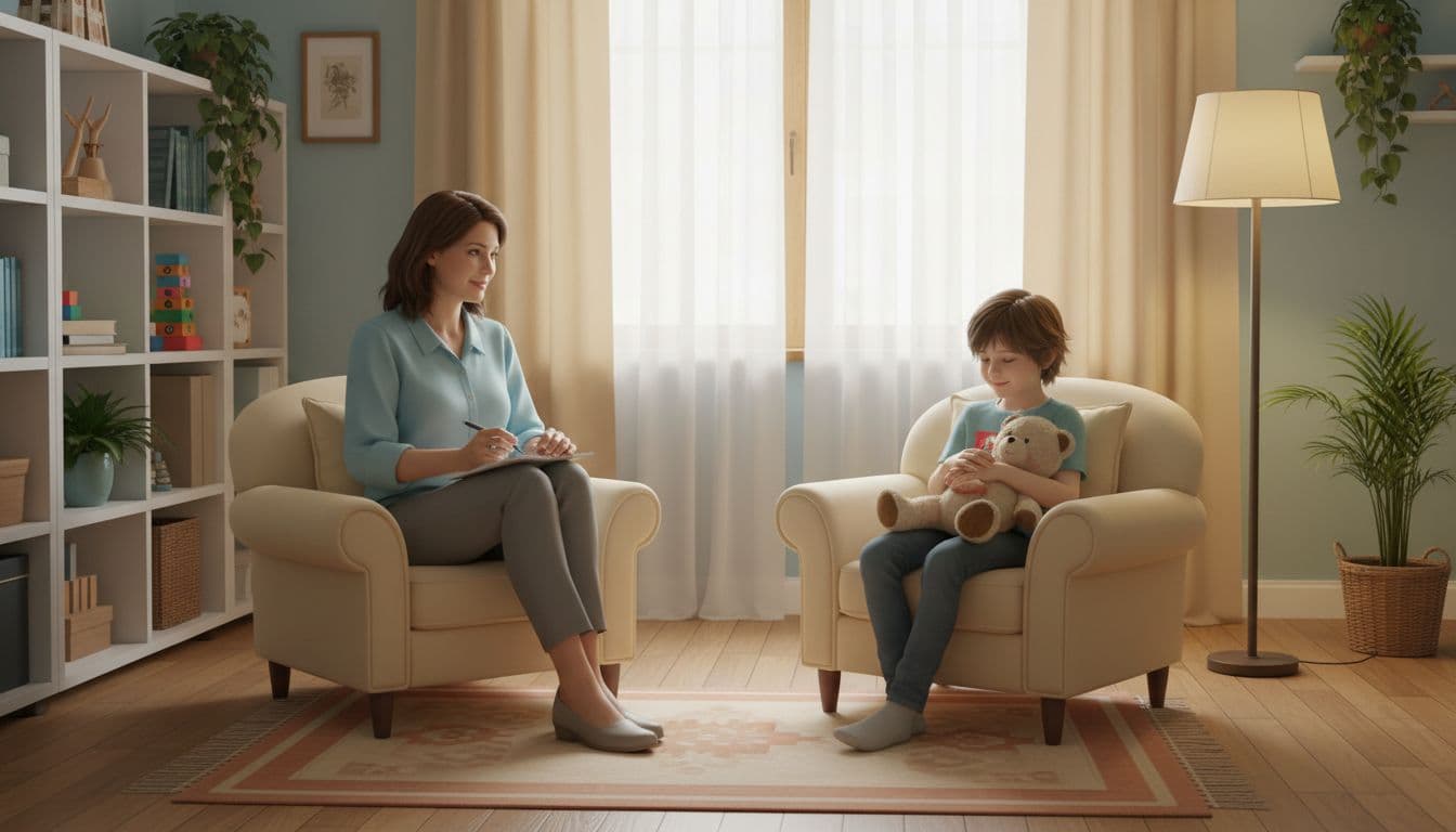Middle-aged psychologist notes discreetly as 8-year-old child holds stuffed toy in cozy consulting room.