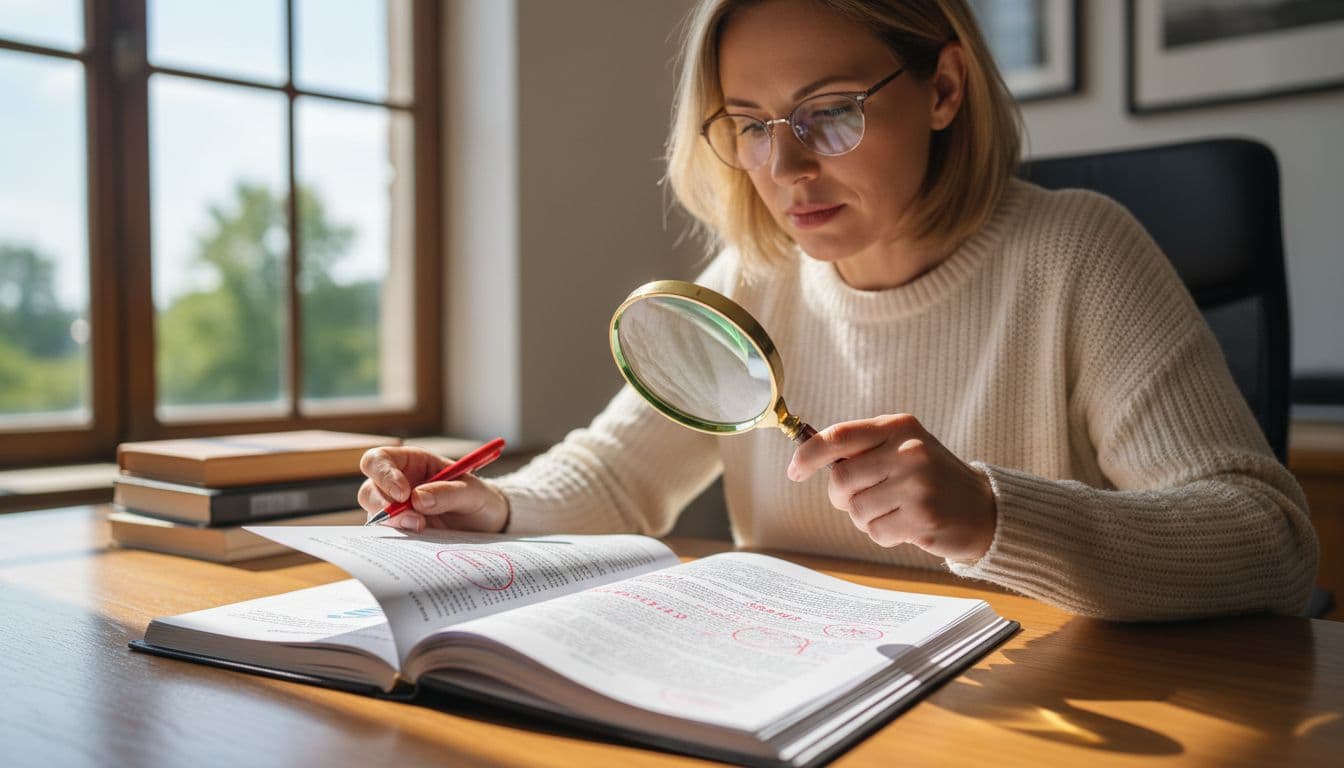 Family psychologist at desk inspects psychological report using magnifying glass.