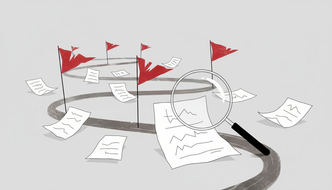 Red warning flags line a path with scattered papers; a magnifying glass examines a document on gray background.