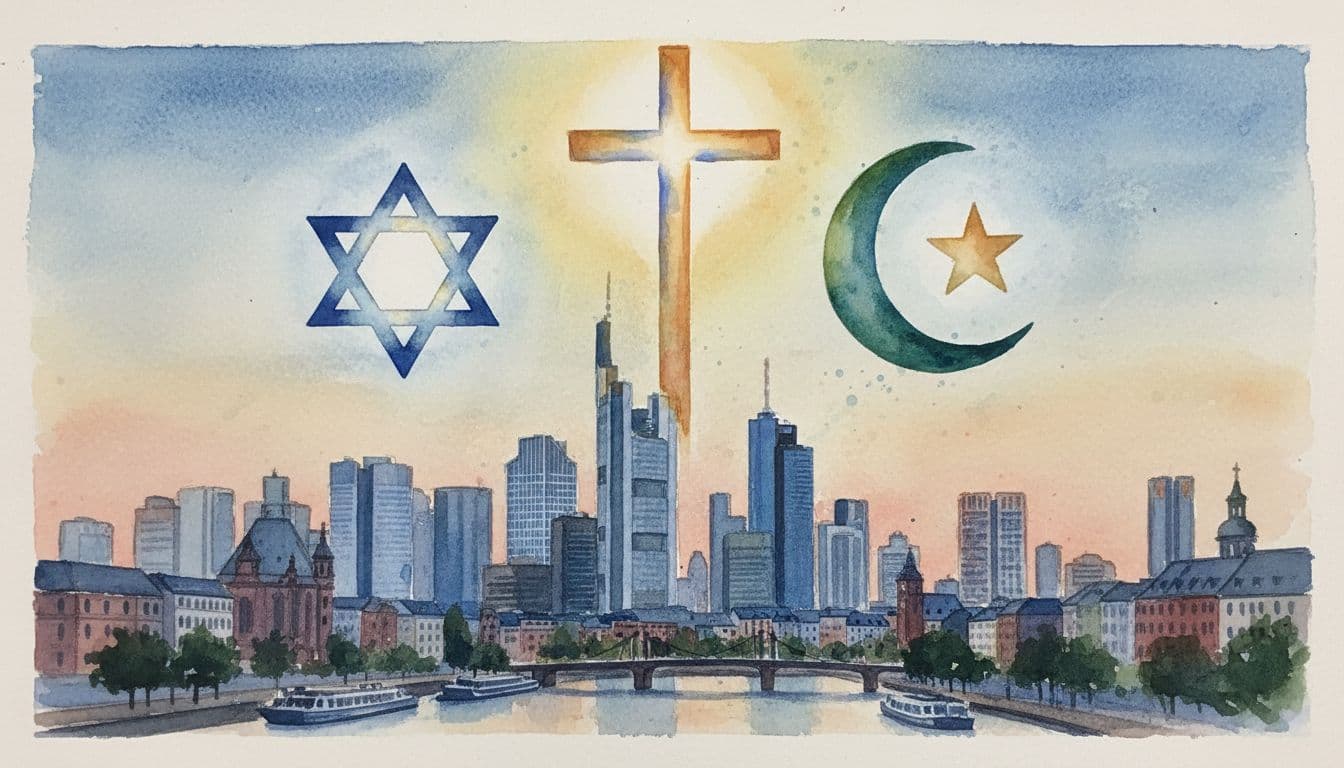 Christian cross, Star of David, and Islamic crescent float above Frankfurt skyline at dusk in watercolor style.