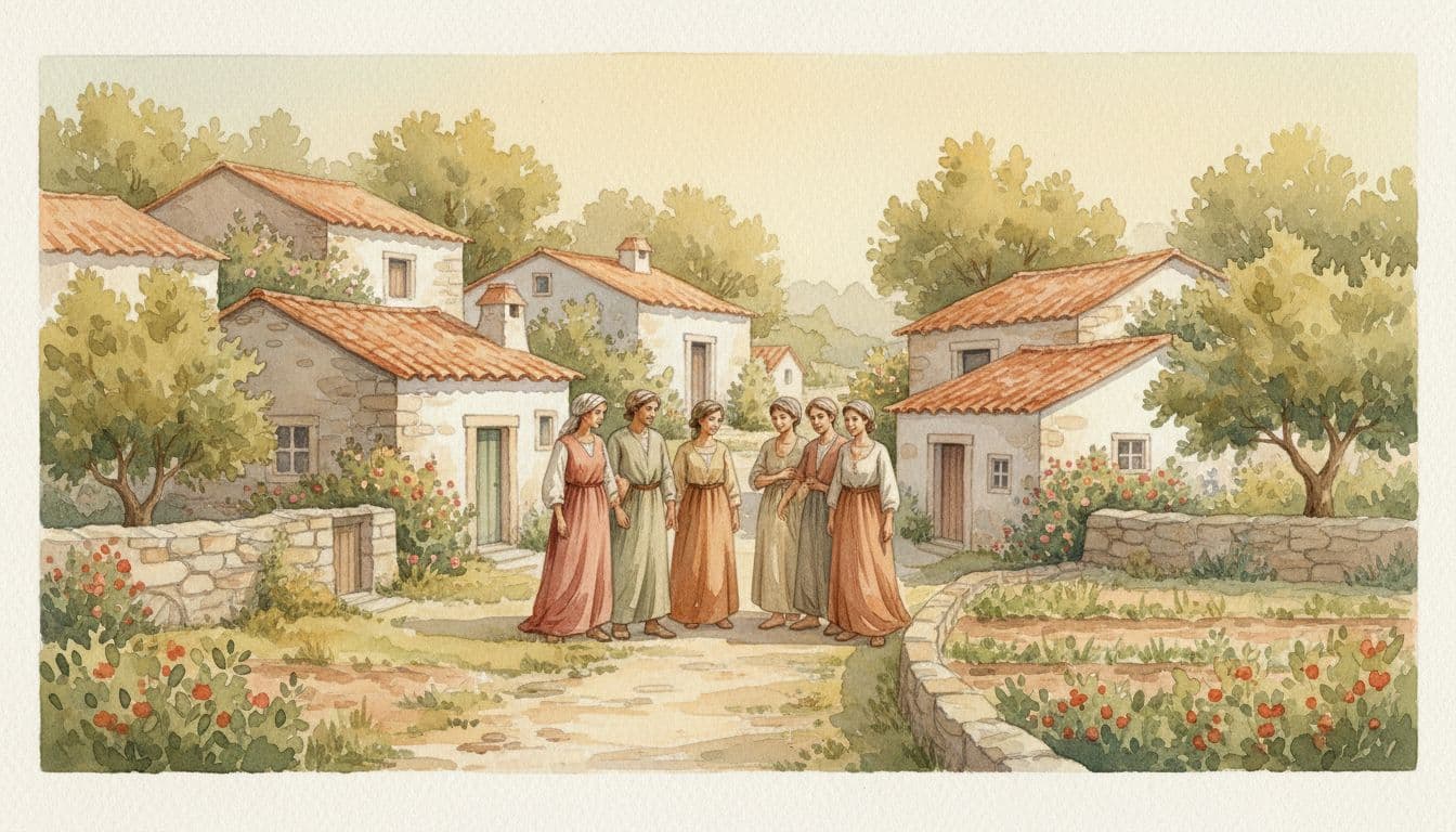 Rural Portuguese village with simple houses, gardens, trees, and five people standing peacefully in sunny watercolor style.