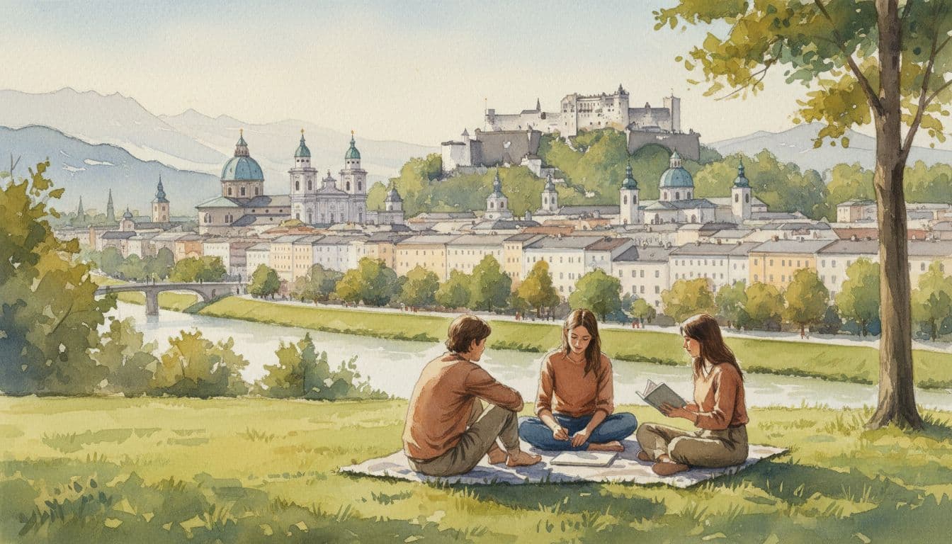 Watercolor of Salzburg cityscape with three people relaxing in a park under soft sunlight.