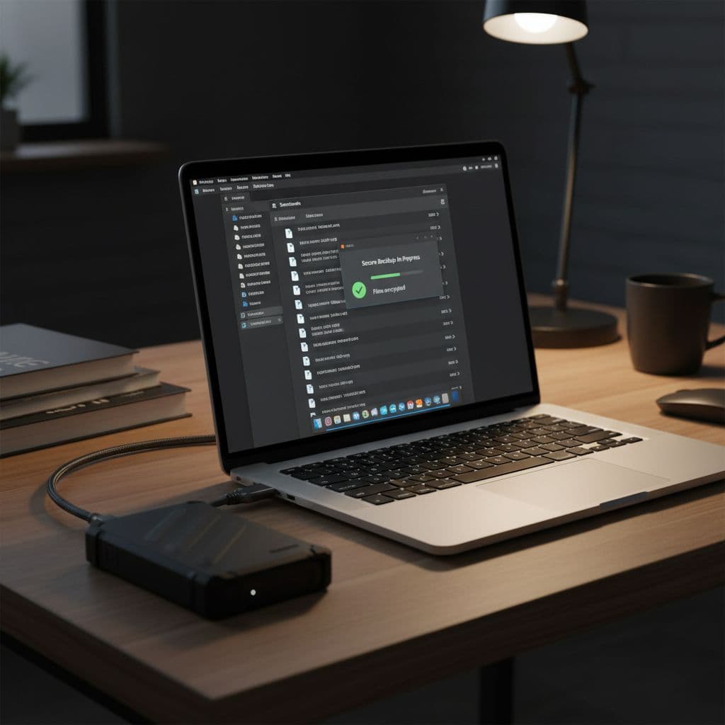 Laptop on desk connected to external hard drive, file explorer open to blurred screenshots folder.