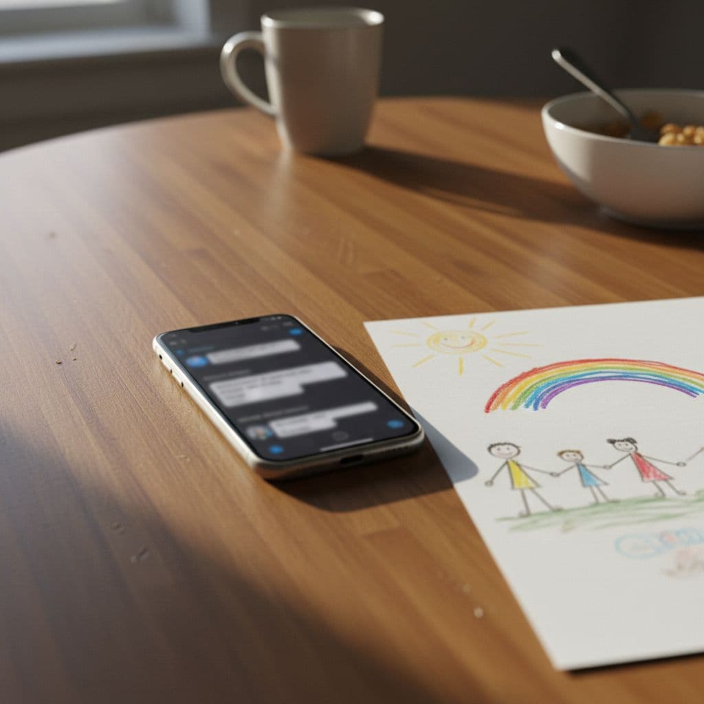 Smartphone on family kitchen table next to child's drawing, screen shows blurred messaging chat in morning light.
