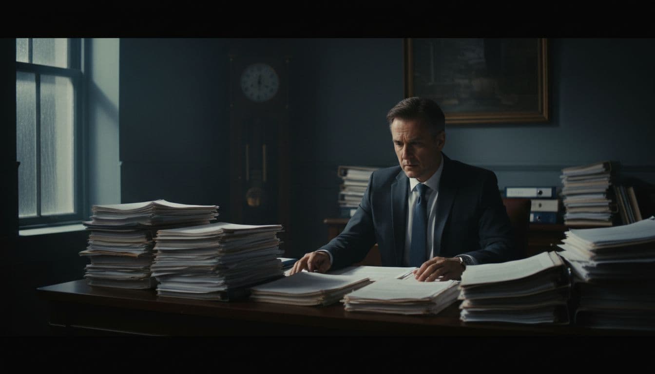 Middle-aged lawyer sits at desk stacked with files in dimly lit late-night office.