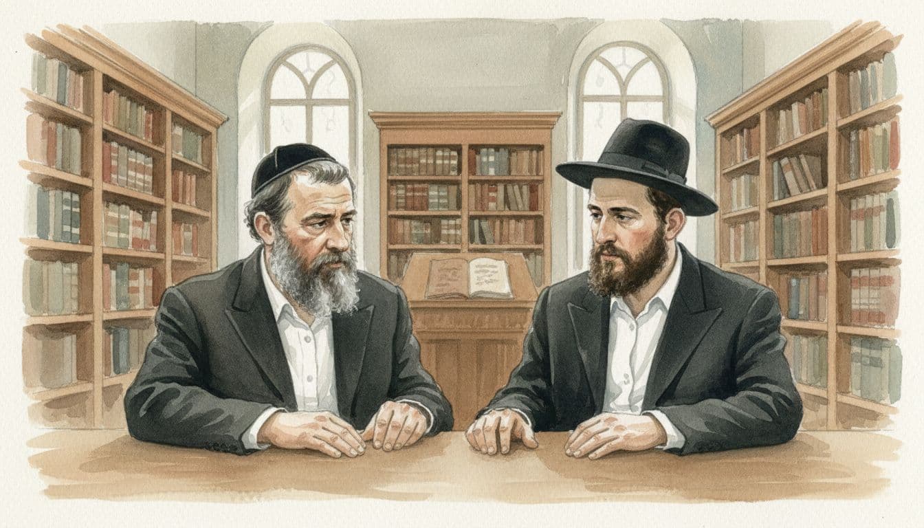Two Jewish men in traditional attire sit seriously talking at a table in a synagogue interior with bookshelves behind, in watercolor style.
