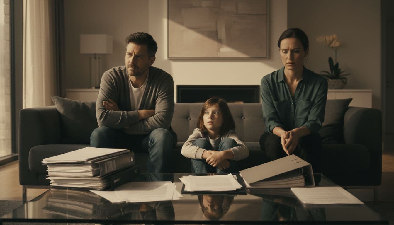 A family consisting of two parents and one child sits in a modern living room with a palpable tense atmosphere shown through body language, stacks of files and reports prominently on the foreground table, rendered in cinematic style with strong contrast, depth, dramatic window lighting, and warm tones.