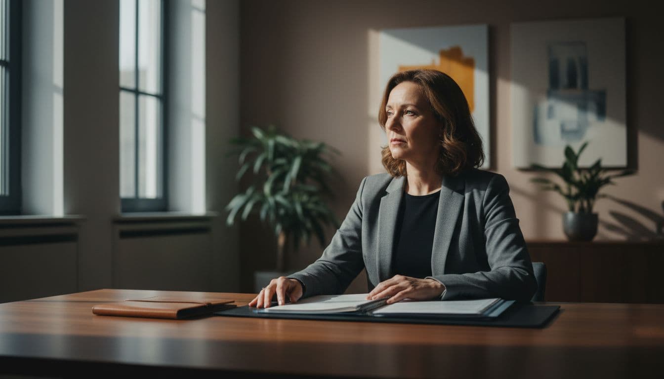 Middle-aged female psychologist sits with notepad and files in modern room, gazing pensively.