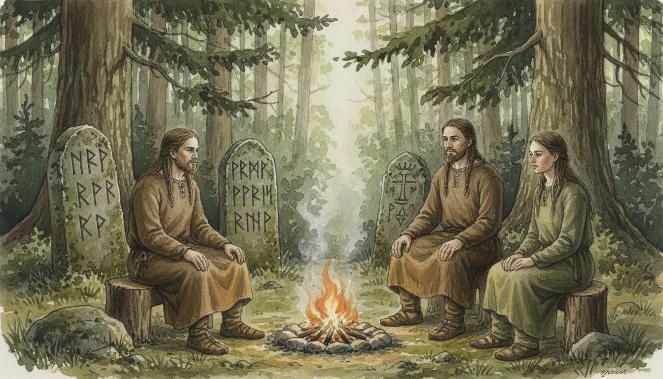 Three people in simple ancient clothing sit around a campfire in a forest clearing with Germanic runestones behind.