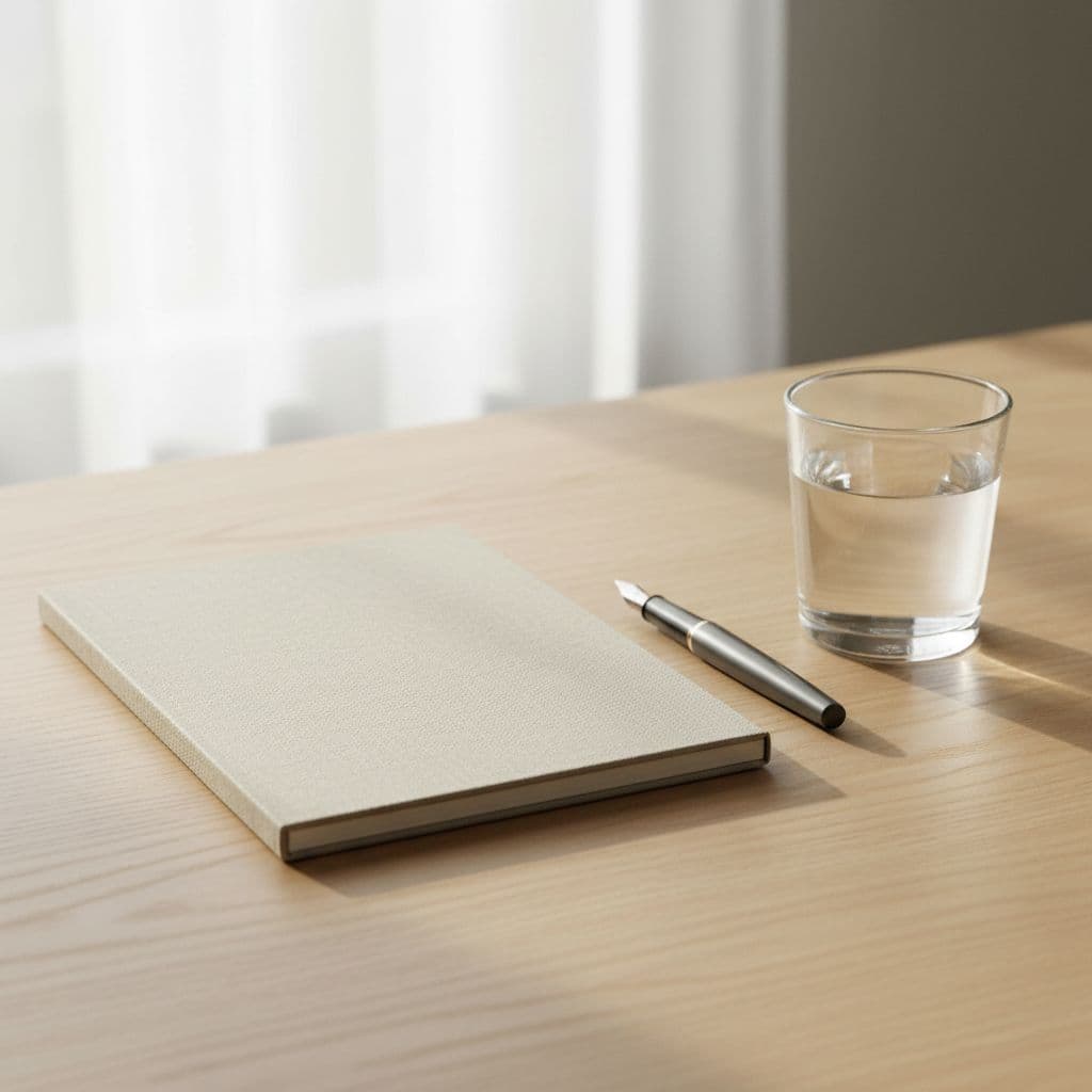 Tidy desk with open notebook, pen, and glass of water in bright natural light.
