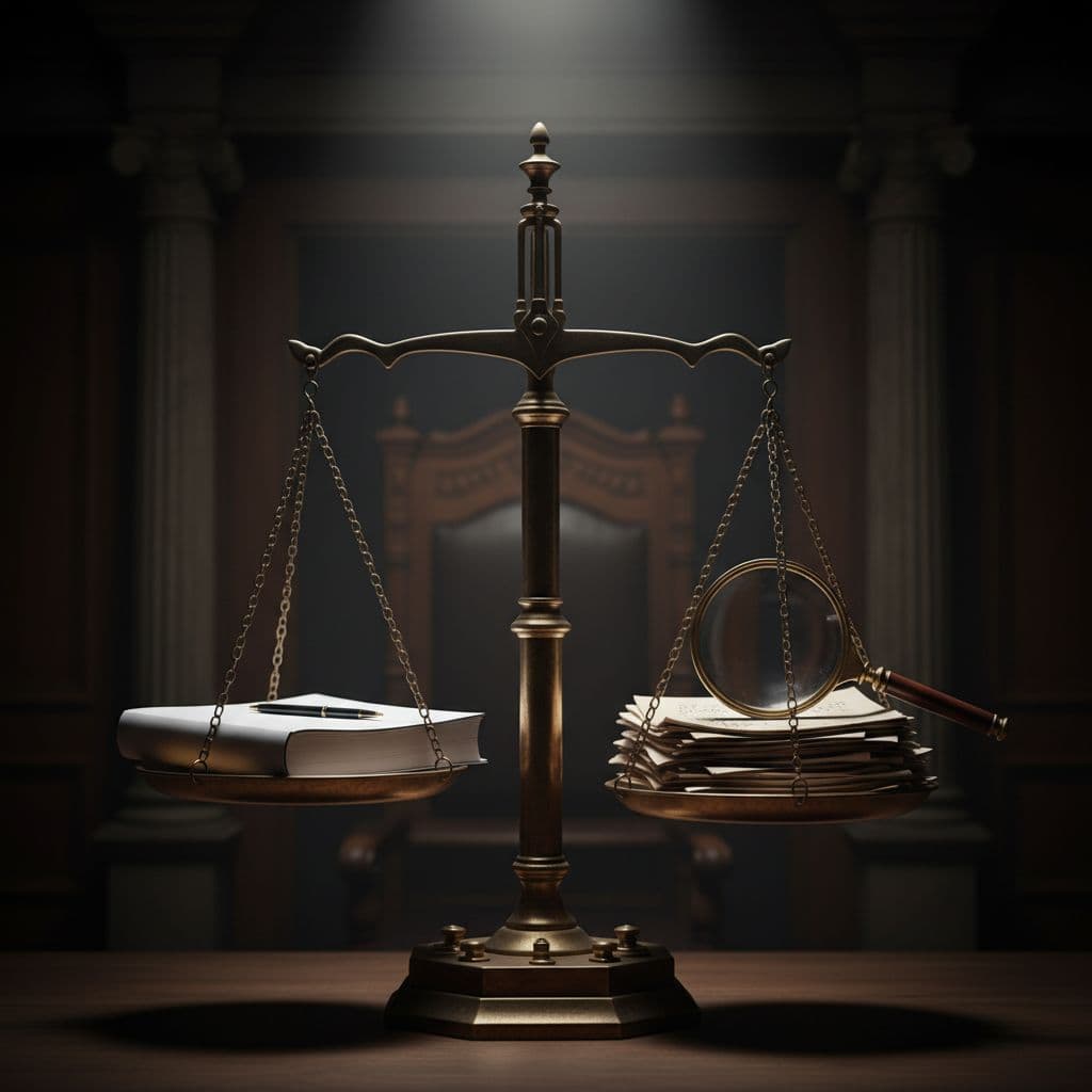 Symbolic close-up of an old-fashioned justice scale in a shadowy courtroom, left pan with pristine expert report, right pan with scrutinized papers under magnifying glass tipping the scale, dramatic cinematic lighting.