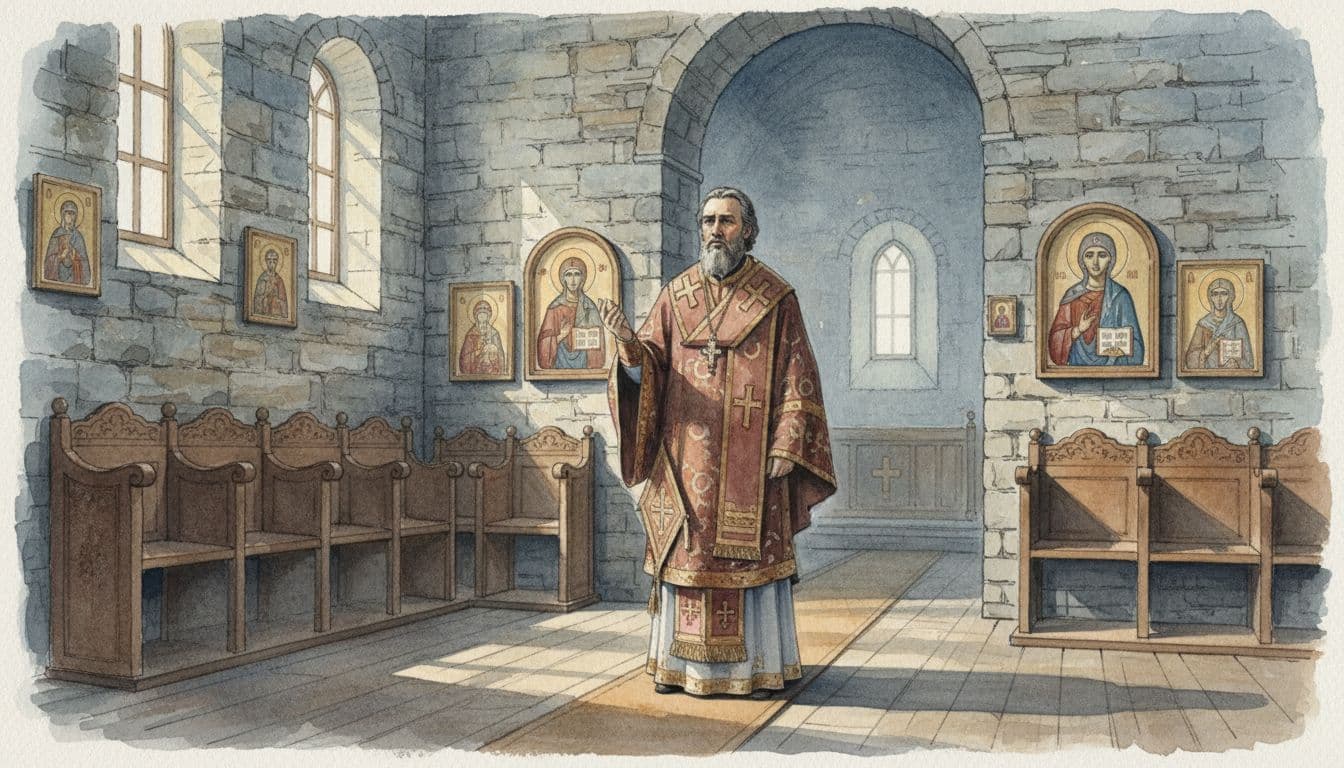 Ukrainian bishop in orthodox vestments stands solemnly in stone church with pews and icons, gesturing with right hand.