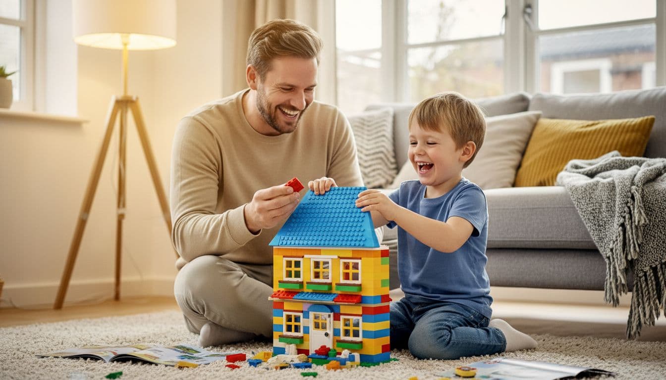 Vater und Kind bauen lachend ein Lego-Haus auf dem Wohnzimmerboden.