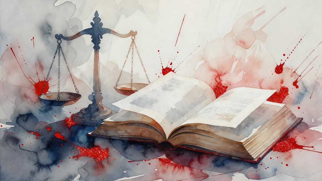 Eine gemalte Waage der Gerechtigkeit steht neben einem offenen Buch in einem kunstvollen Aquarellstil.