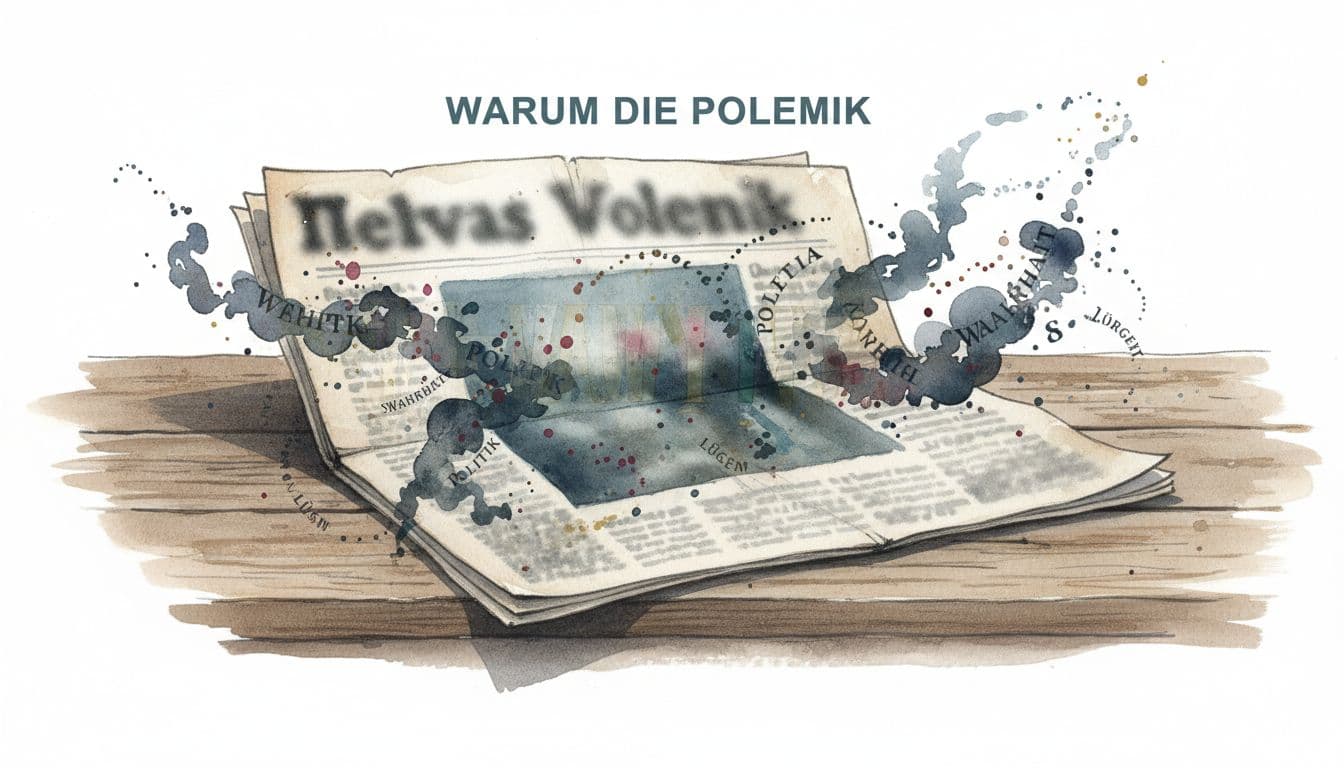 Watercolor newspaper headline on rustic table with swirling ink words and shadows.