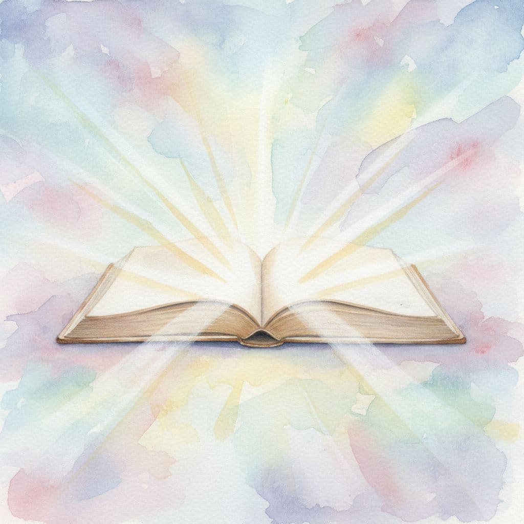 Watercolor painting of open book with light rays emerging from pages in pastel colors.