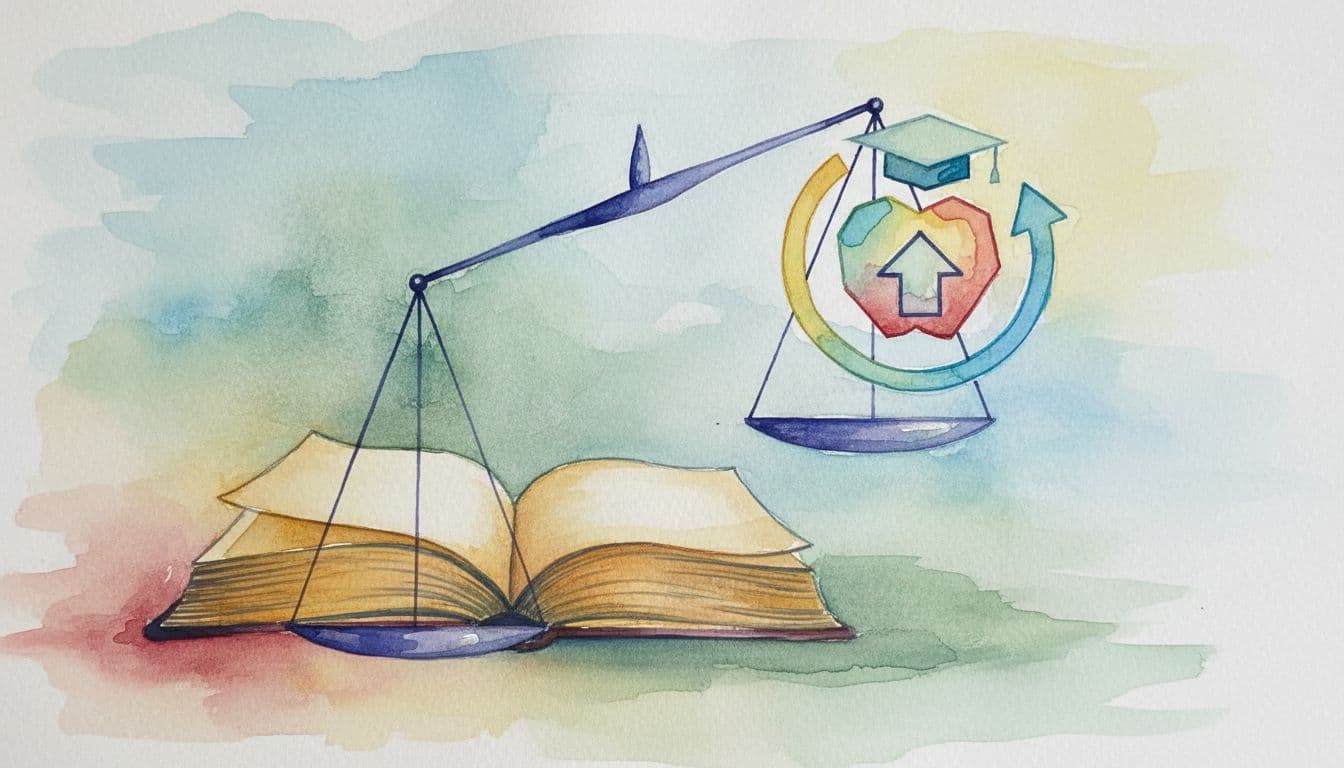 Watercolor scale balances open ancient book against modern school symbol with visible brush strokes.