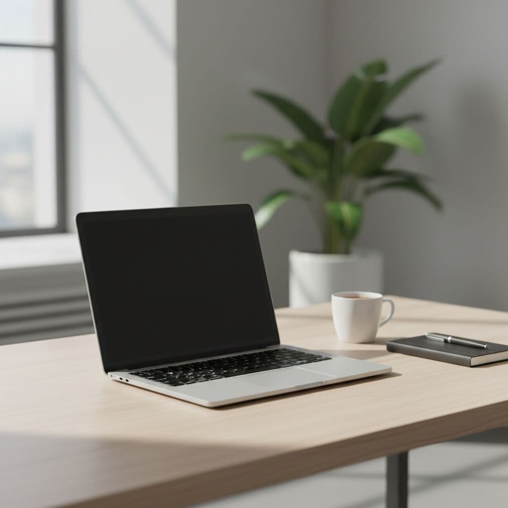 A single laptop sits on a clean wooden desk illuminated by soft natural sunlight.