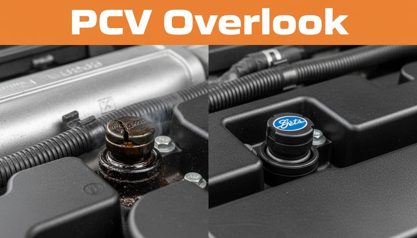 Side-by-side close-up of a clogged, dirty PCV valve leaking oil vapor next to a clean new Gates PCV valve on a 3.5L EcoBoost engine valve cover, in bold editorial style with 'PCV Overlook' headline on orange band.