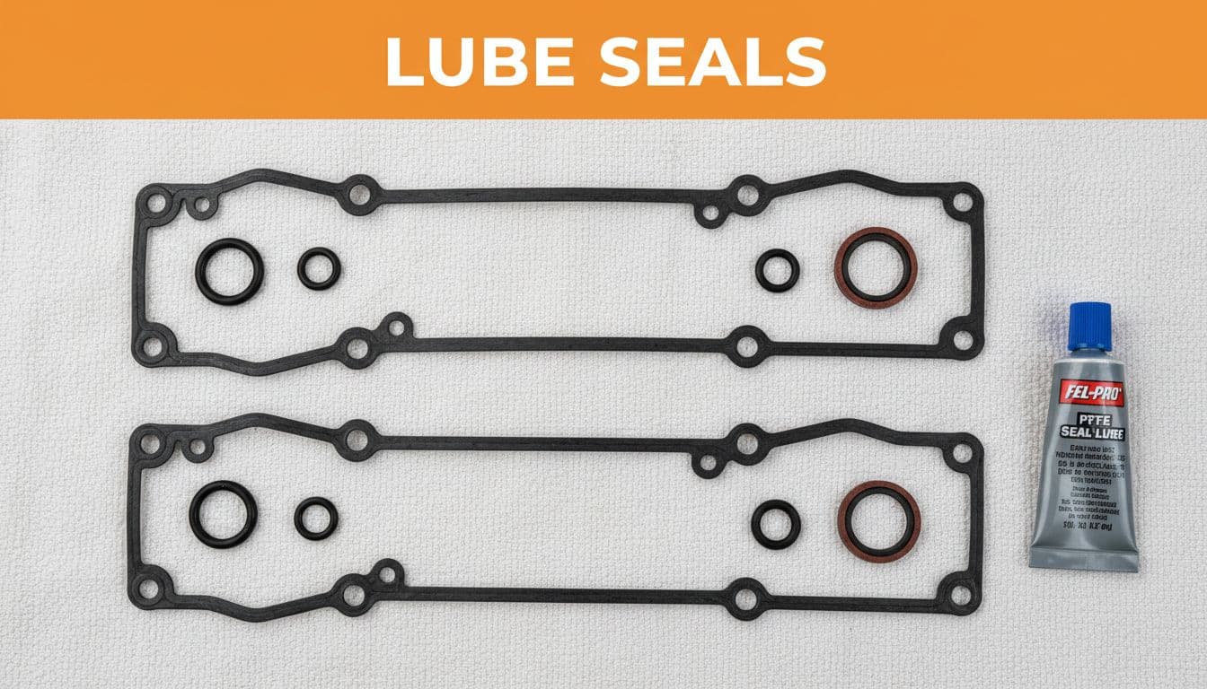 Fel-Pro valve cover gaskets, O-rings, seals, and lube tube laid out on rag with orange 'LUBE SEALS' banner.